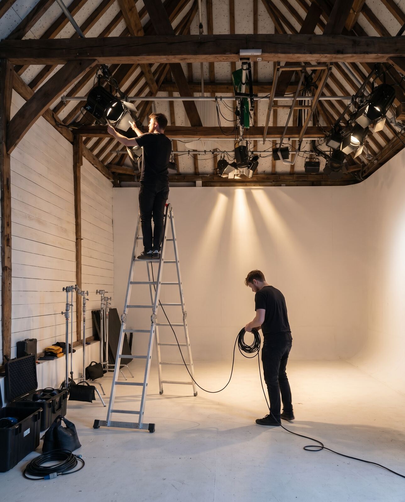 Gaffer working on the lighting grid