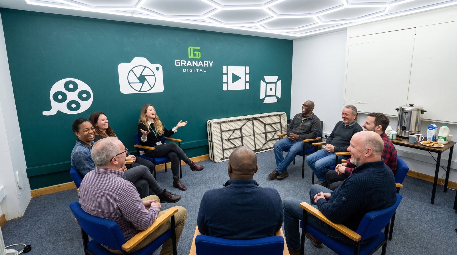 A community group sitting in a circle of chairs with a tea urn at the back