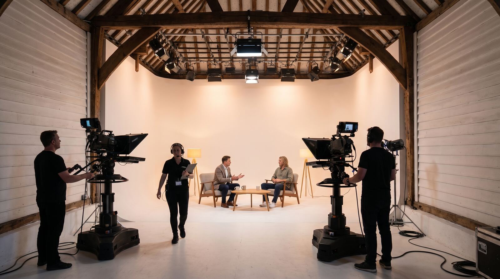 Chat show set with presenters under studio lighting in the barn