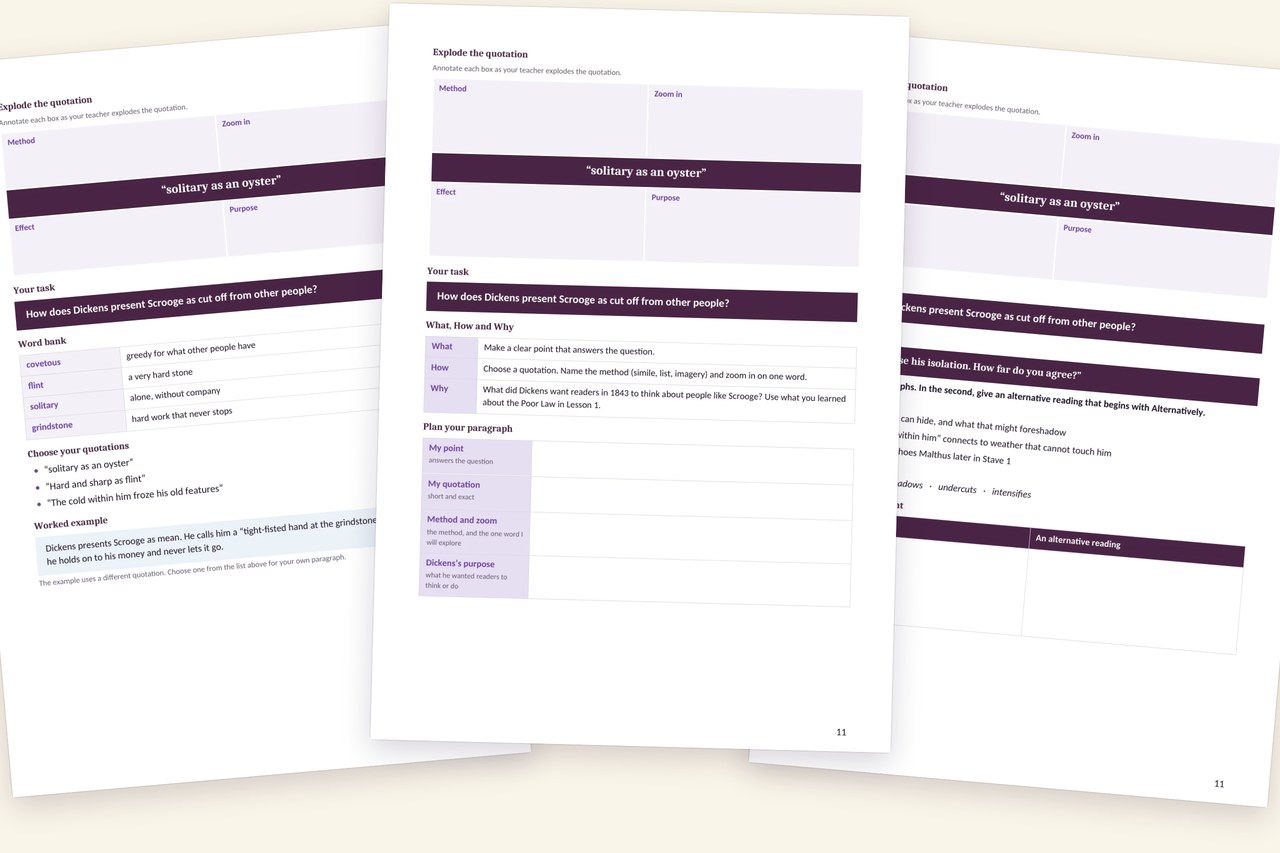 Lesson 3 of the A Christmas Carol scheme at its three levels, Securing, Strengthening and Soaring, all answering the same question about Scrooge