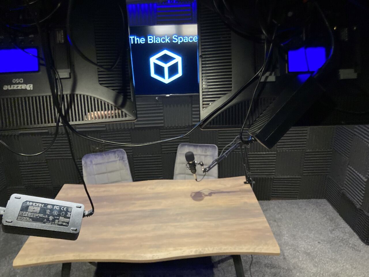 The podcast studio set for an interview recording