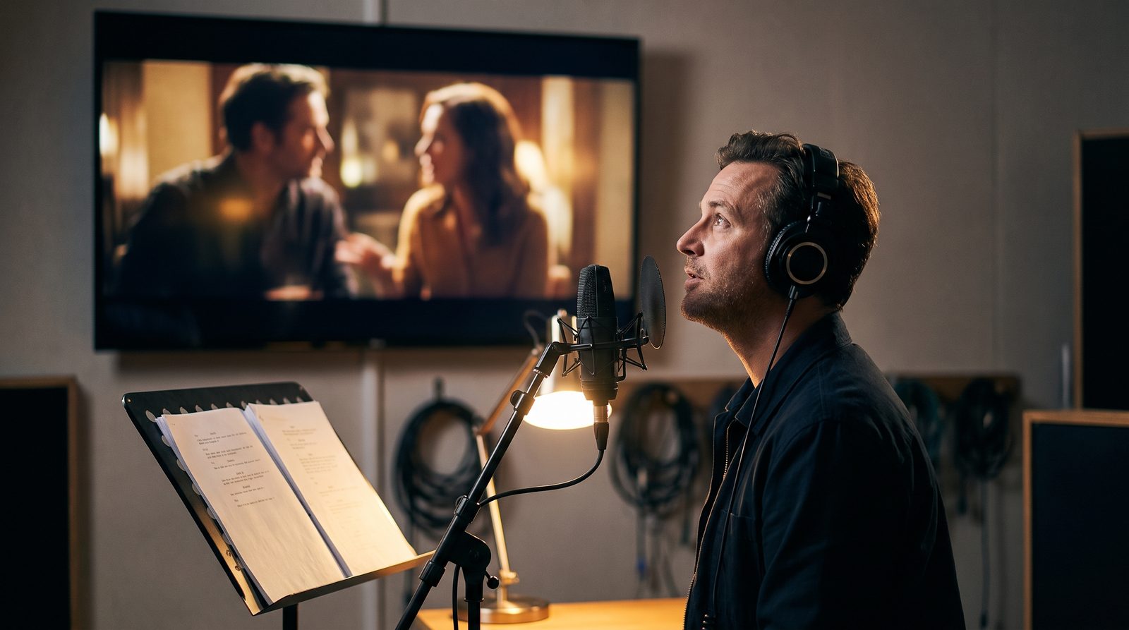 An actor recording ADR while watching playback on a screen
