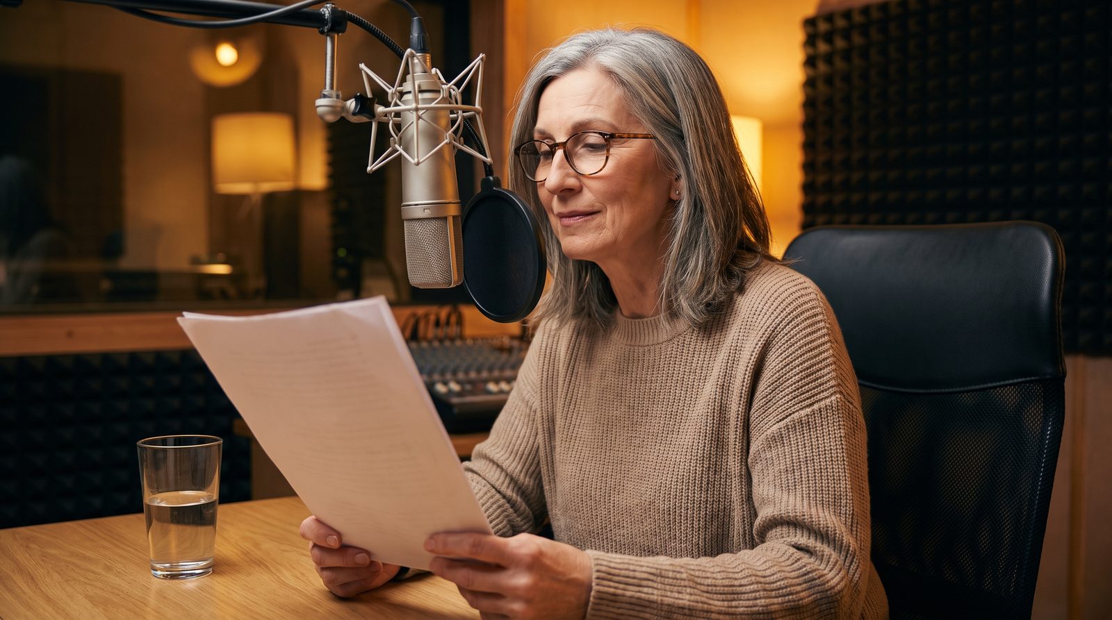An author recording her audiobook at a studio microphone