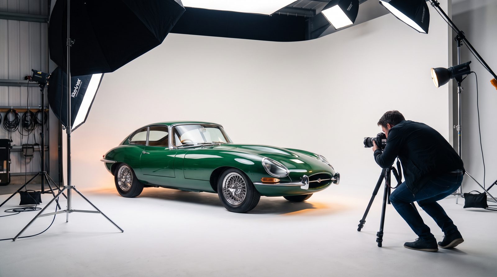 A supercar under coloured studio lighting on the cove
