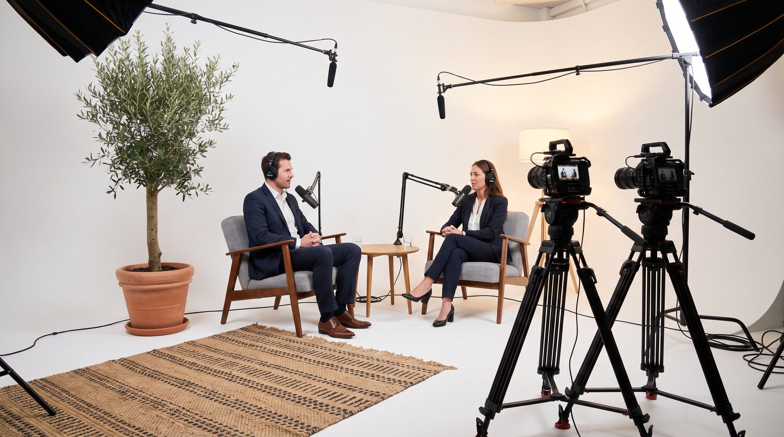 Two people recording a podcast interview at the studio