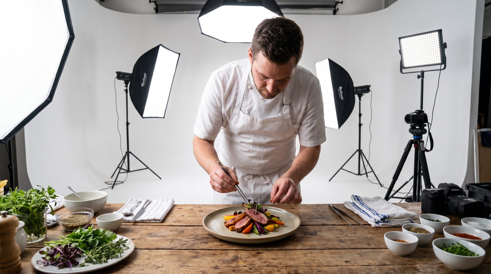 A styled beverage tabletop shoot in the studio