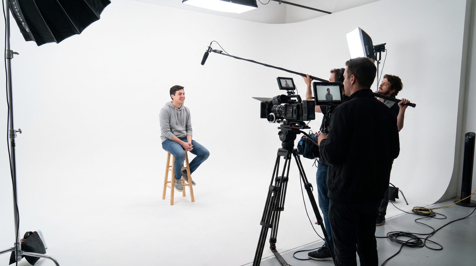 A crew filming an interview on the studio cove