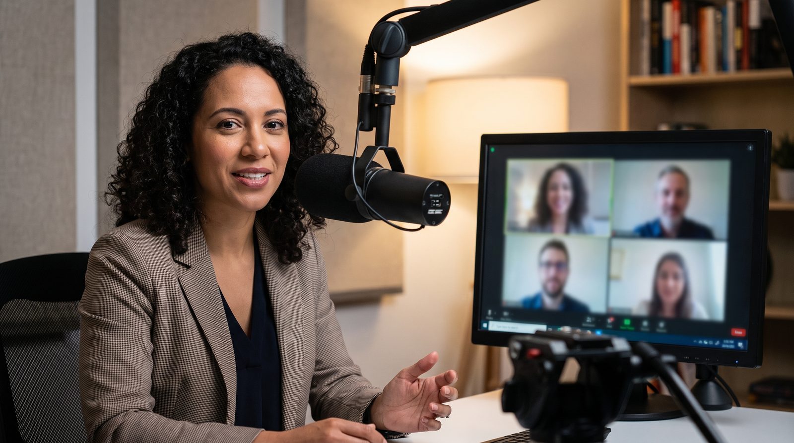 A guest speaking to camera during a remote interview session