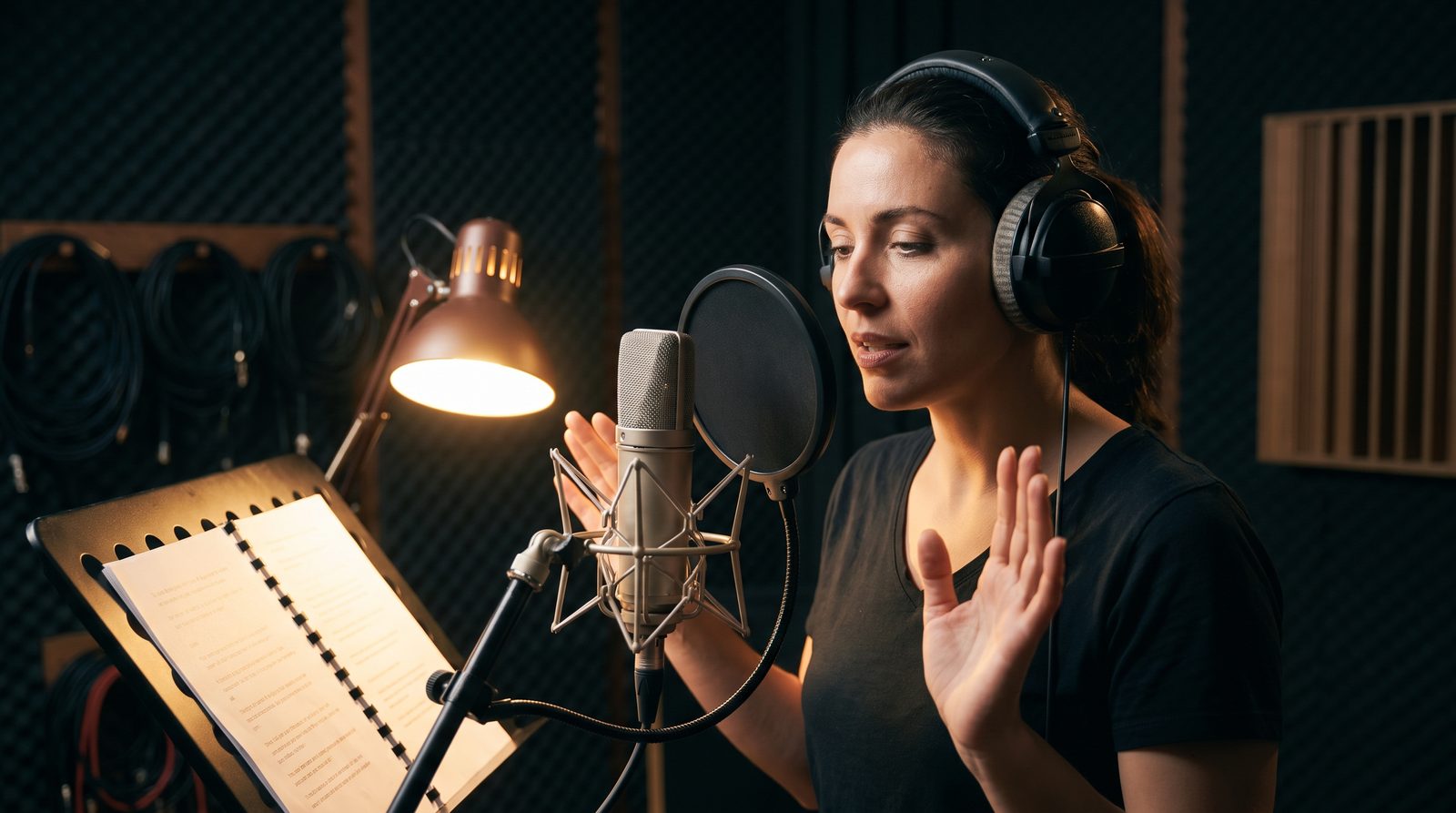 A voiceover artist recording at a broadcast microphone