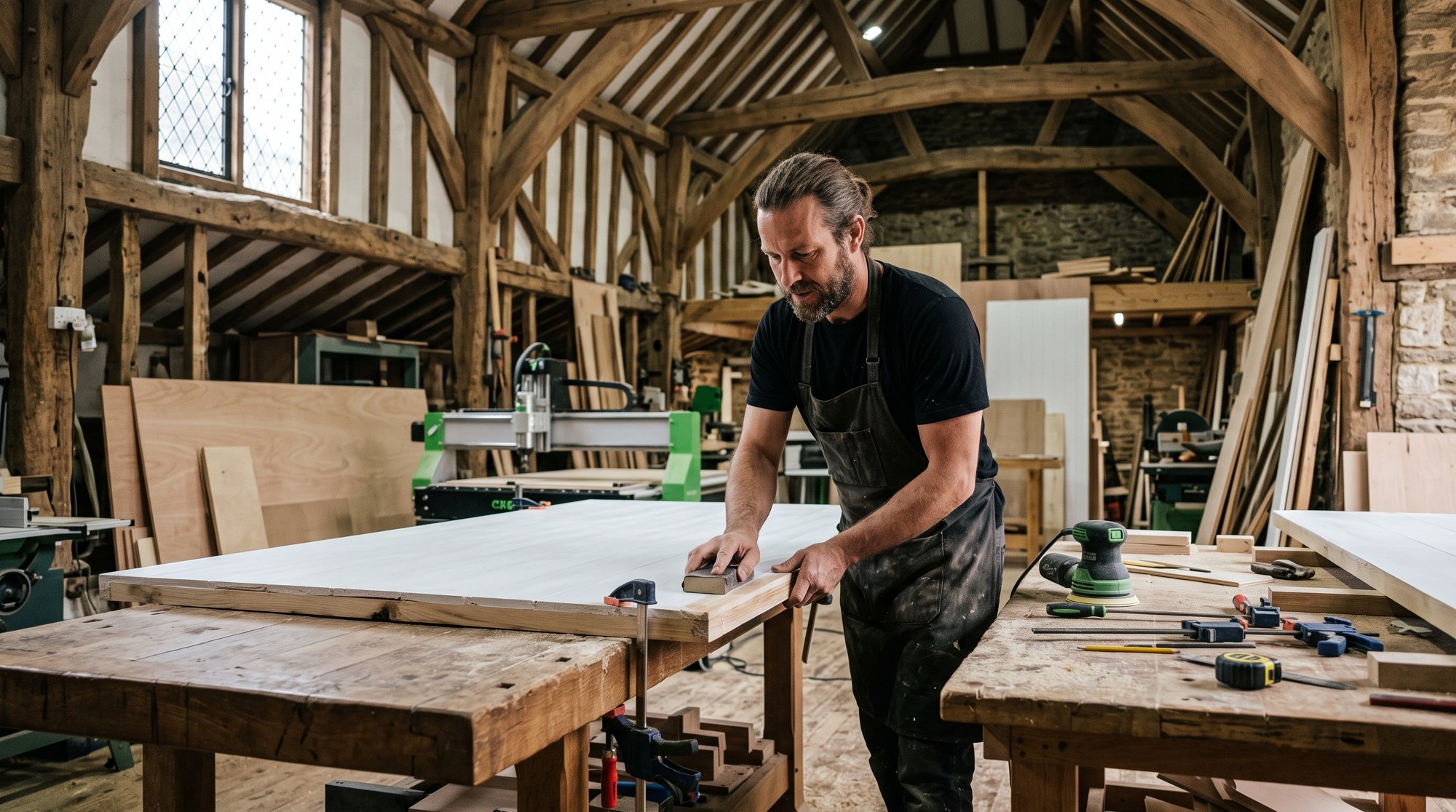 Granary Digital's carpenter building a white scenic flat in the barn workshop