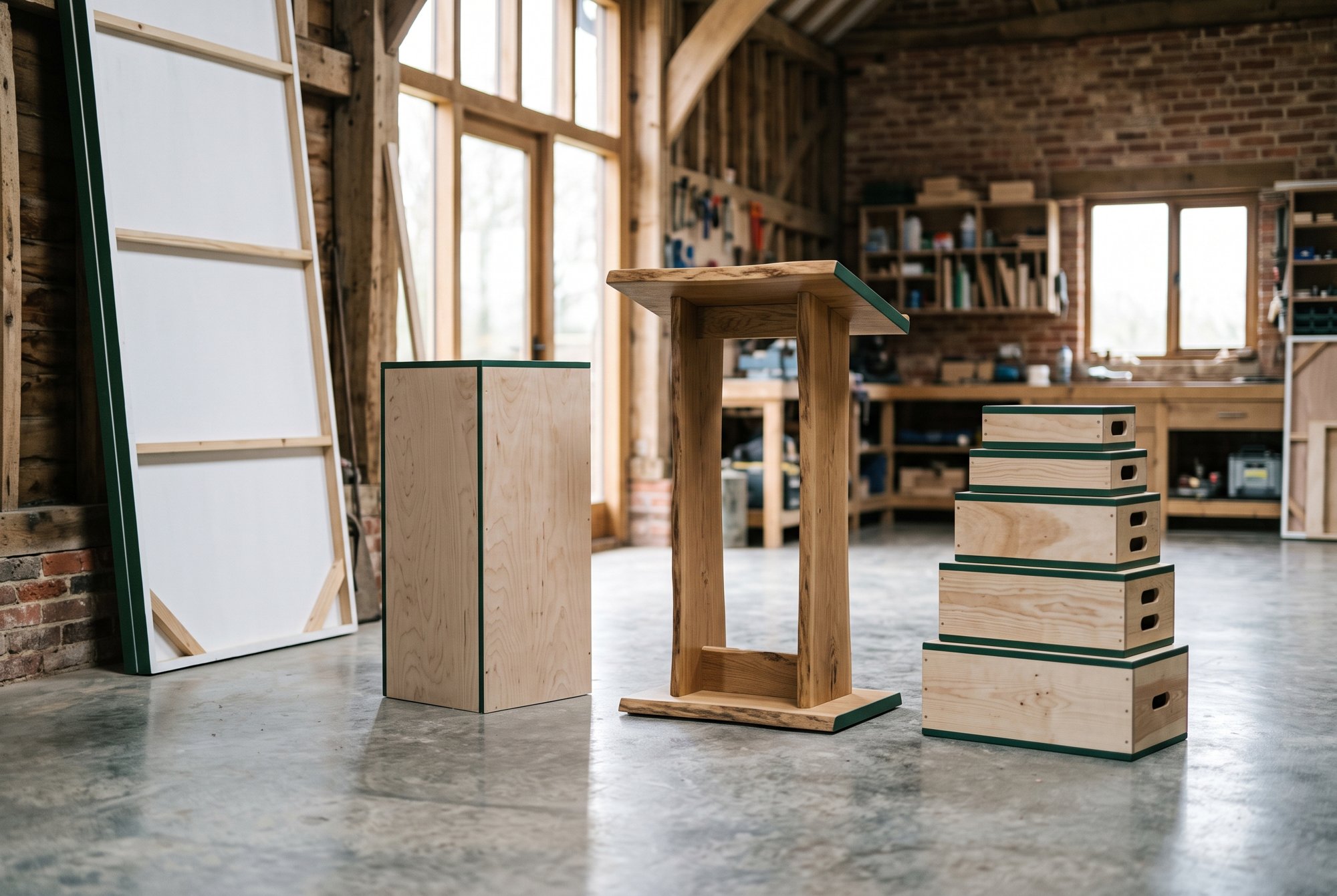 A white scenic flat, plywood plinth, live-edge lectern and apple boxes built in the workshop