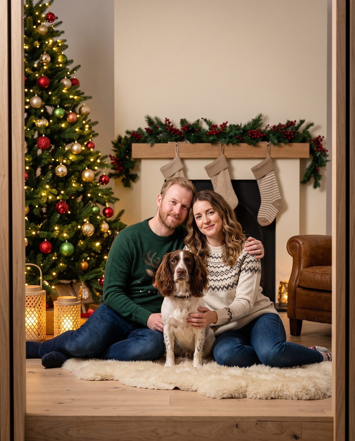 A couple in Christmas jumpers on a sheepskin rug with their spaniel
