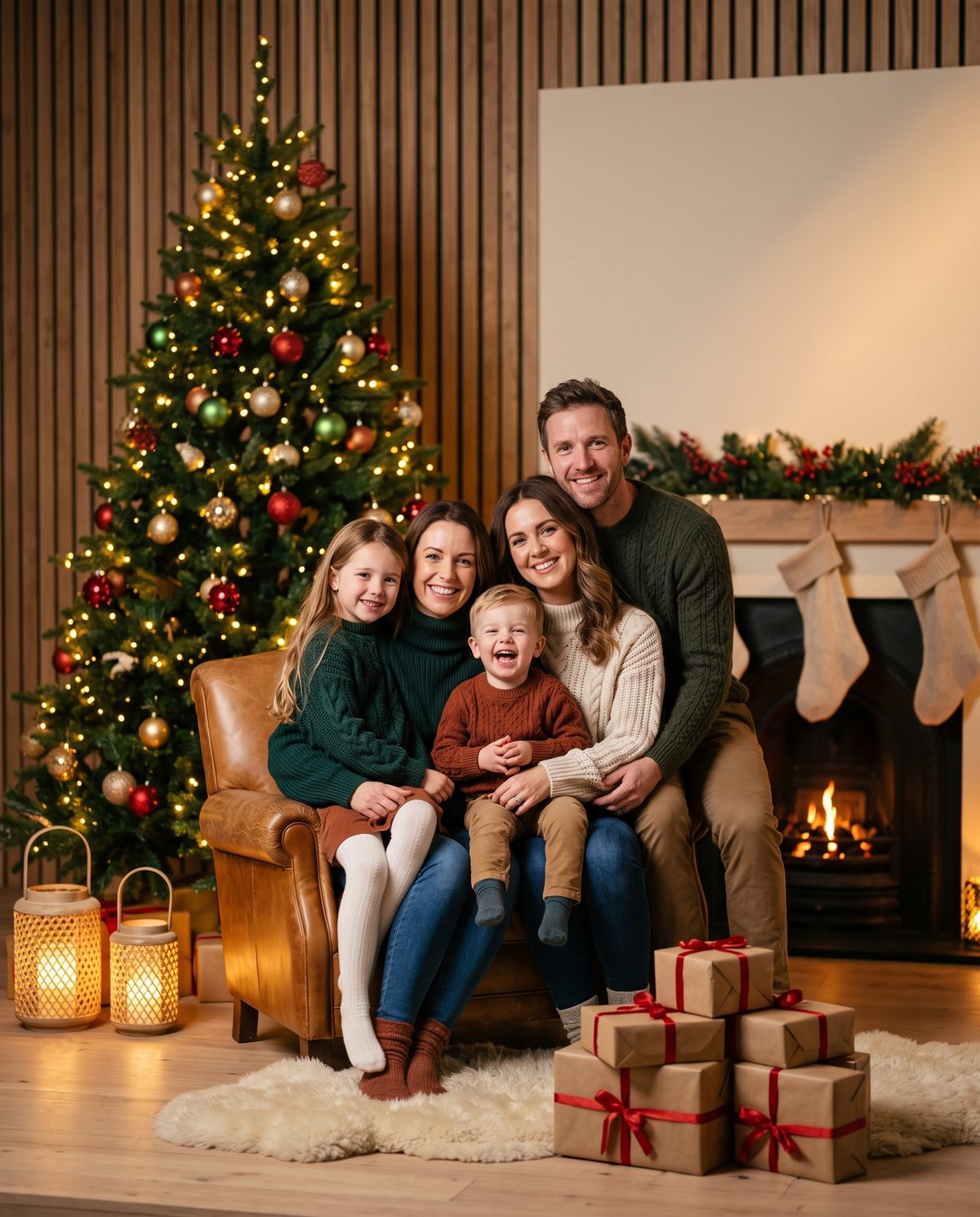 A family in knitwear around a leather armchair beside a lit Christmas tree