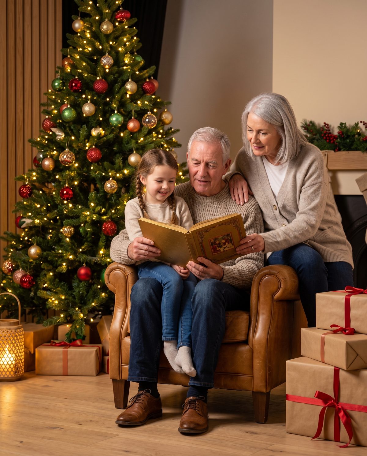 Grandparents reading a picture book with their granddaughter in the leather armchair