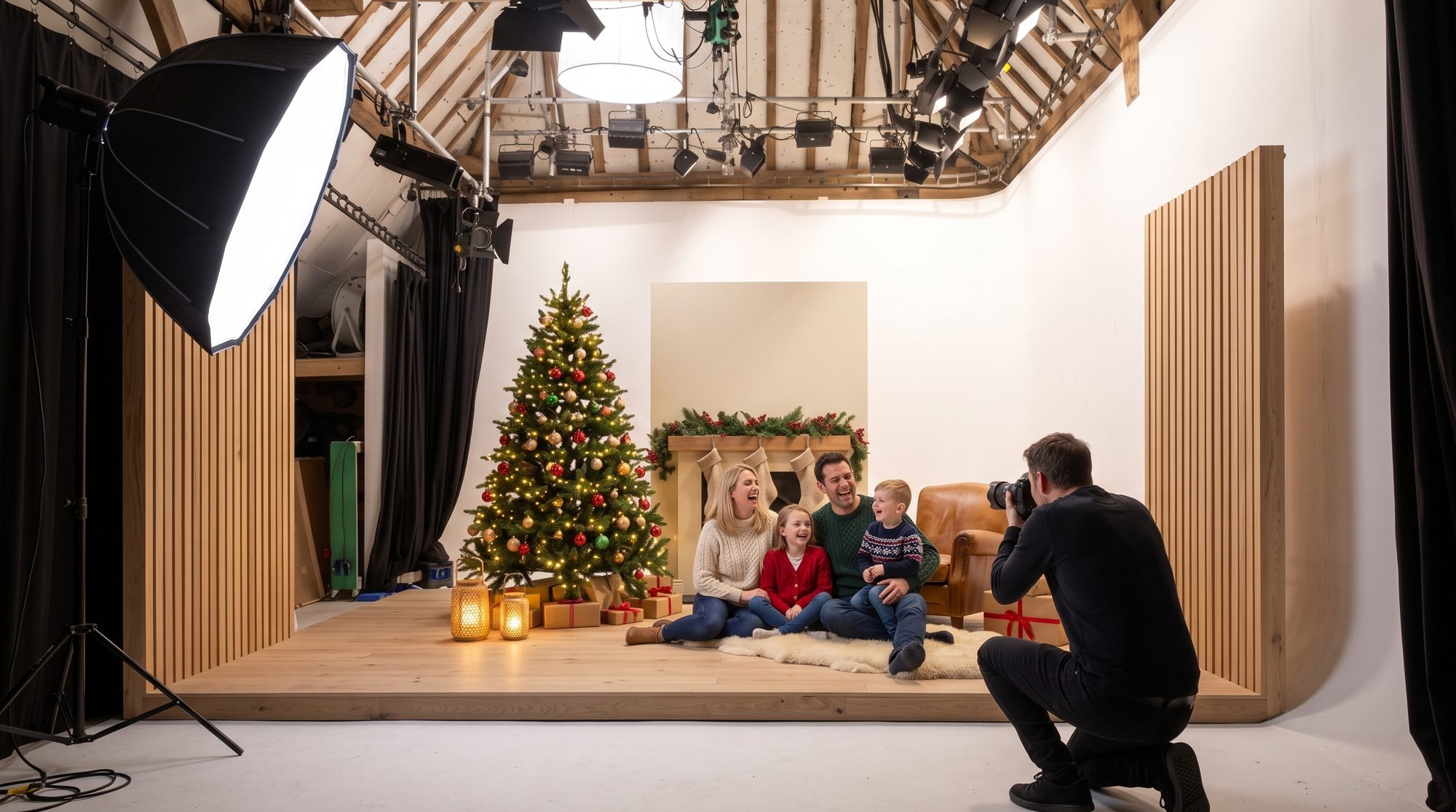 A family laughing on a sheepskin rug beside a Christmas tree and fireplace while a photographer kneels to shoot