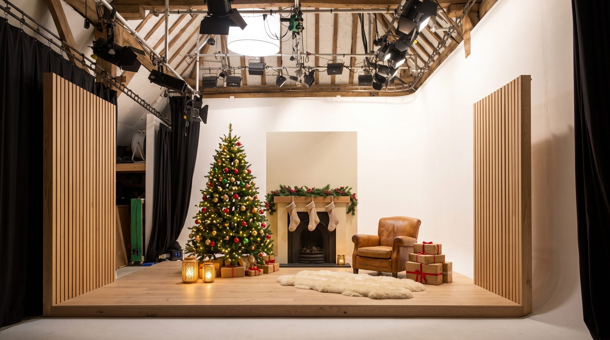 The empty Christmas set in the barn studio, tree, fireplace and armchair on an oak platform