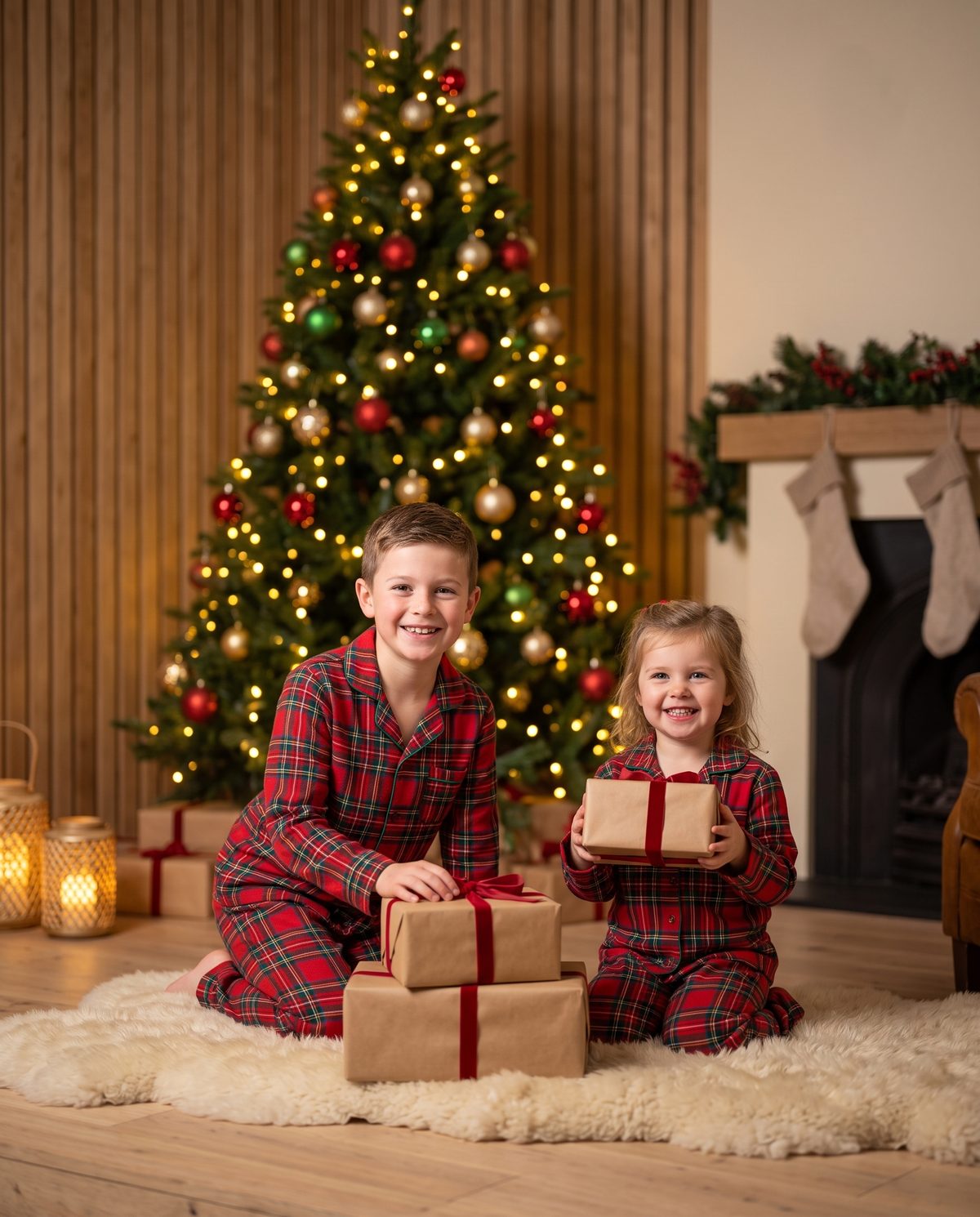A brother and sister in tartan pyjamas beside a pile of presents